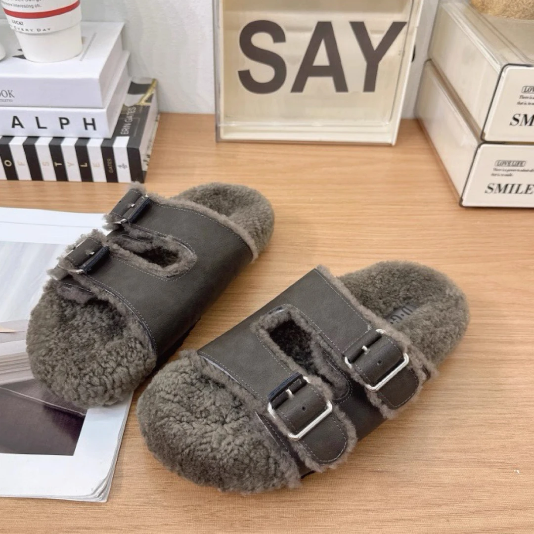 欧货真皮厚底毛毛拖鞋女2025新款外穿双卡扣羊毛拖鞋一脚蹬毛毛鞋