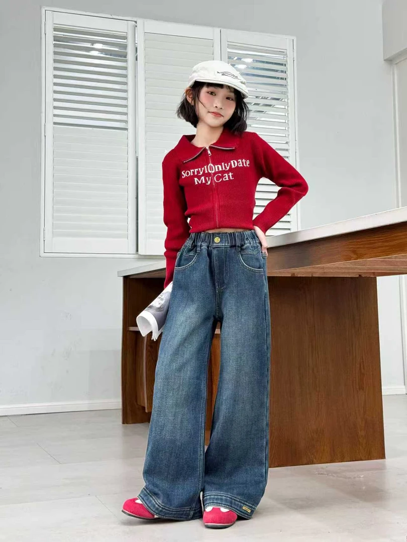 女童冬季加绒牛仔直筒简约大童牛仔裤韩版宽松显瘦中大童秋冬