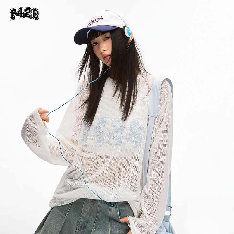 F426潮牌夏季新款珍珠蝴蝶罩衫镂空凉感空调衫薄款长袖t恤7242