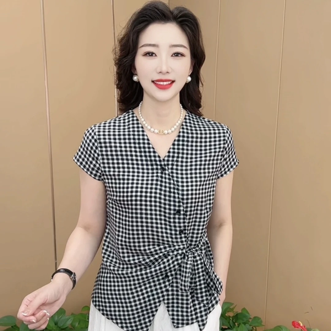 夏季新款时尚V领格子印花系带洋气妈妈装减龄百搭短袖上衣K1635