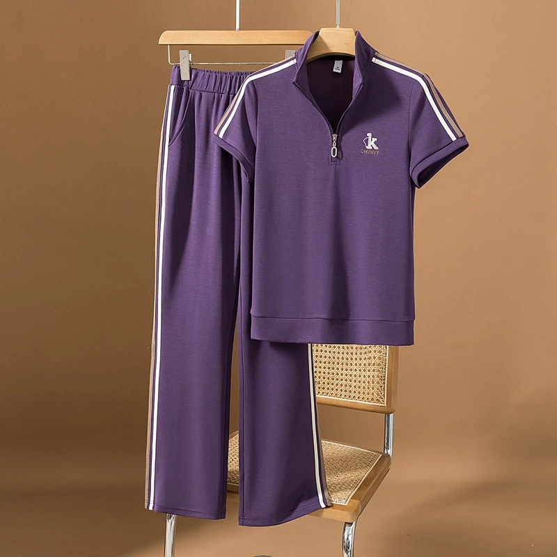 5232夏季时尚优雅妈妈装中老年洋气休闲广场舞短袖两件套运动套装