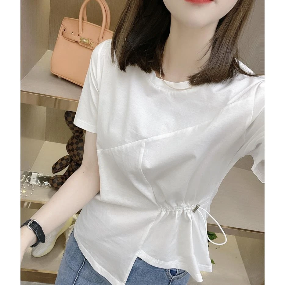 正品哥家同款短袖女夏季2025新款纯棉白色t恤短款独特不规则正