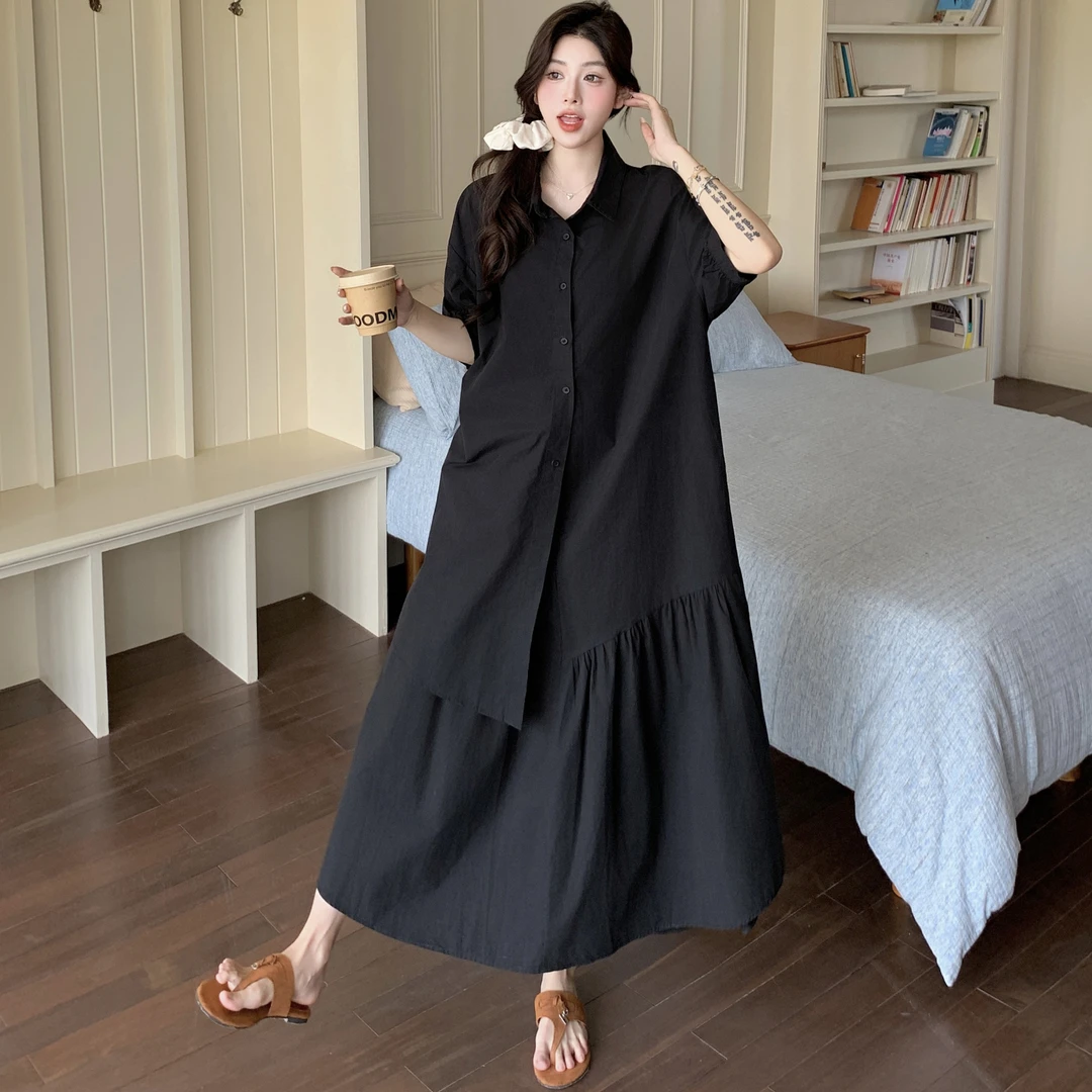 韩系假两件衬衫裙女中长款2025夏季新款宽松时尚设计感过膝连衣裙