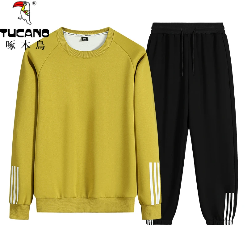 啄木鳥新款纯棉运动套装男秋冬季宽松圆领卫衣卫裤建身跑步三条杠