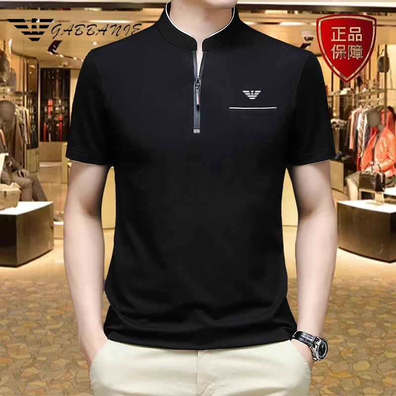 意大利专柜正品夏季桑蚕丝短袖立领t恤男士休闲半袖polo衫上衣潮