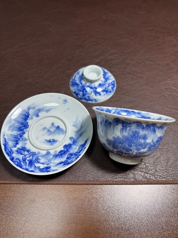 山水三才盖碗满工满绘