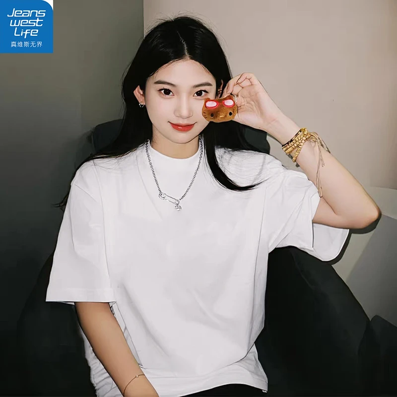 真维斯无界白色纯棉宽松舒适短袖T恤春夏必备百搭时尚圆领上衣女
