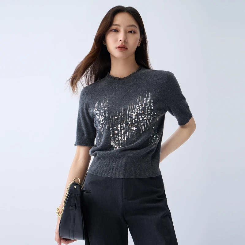 BuouBuou2格雷灰商场同款串珠亮片木耳边针织上衣女BLGA901