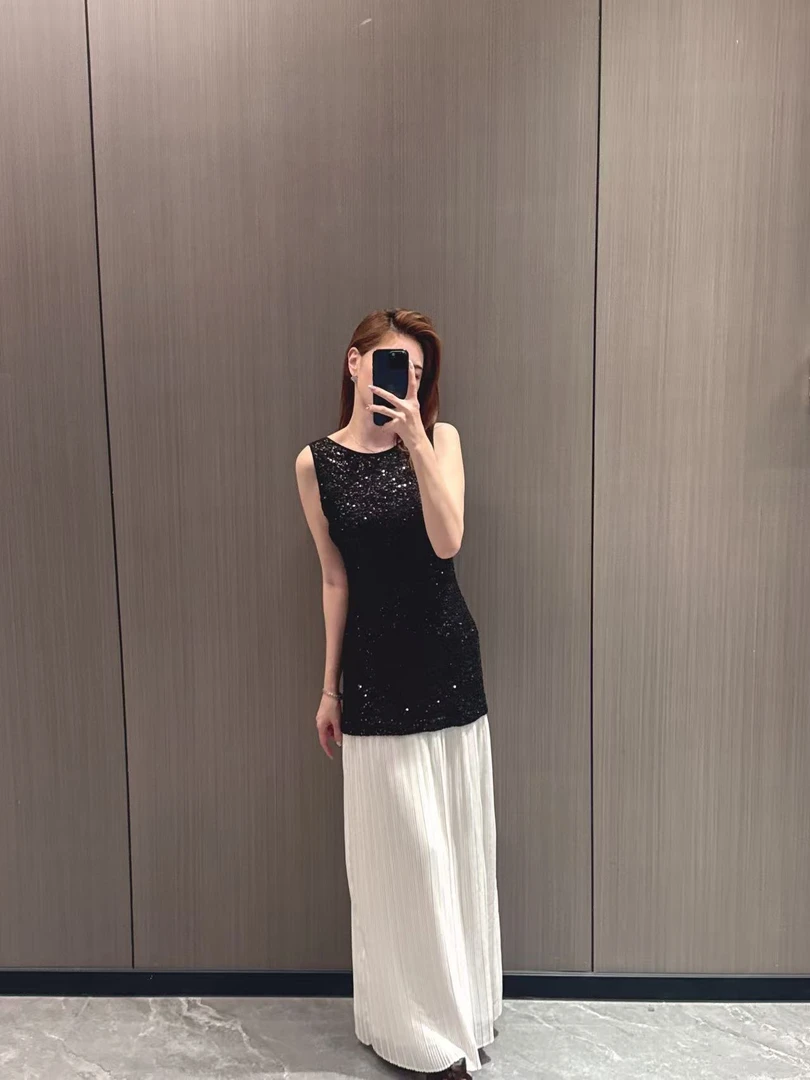 ZX推荐【维港周末】高级轻奢重工蕾丝刺绣轻奢拼色无袖小众设连衣裙