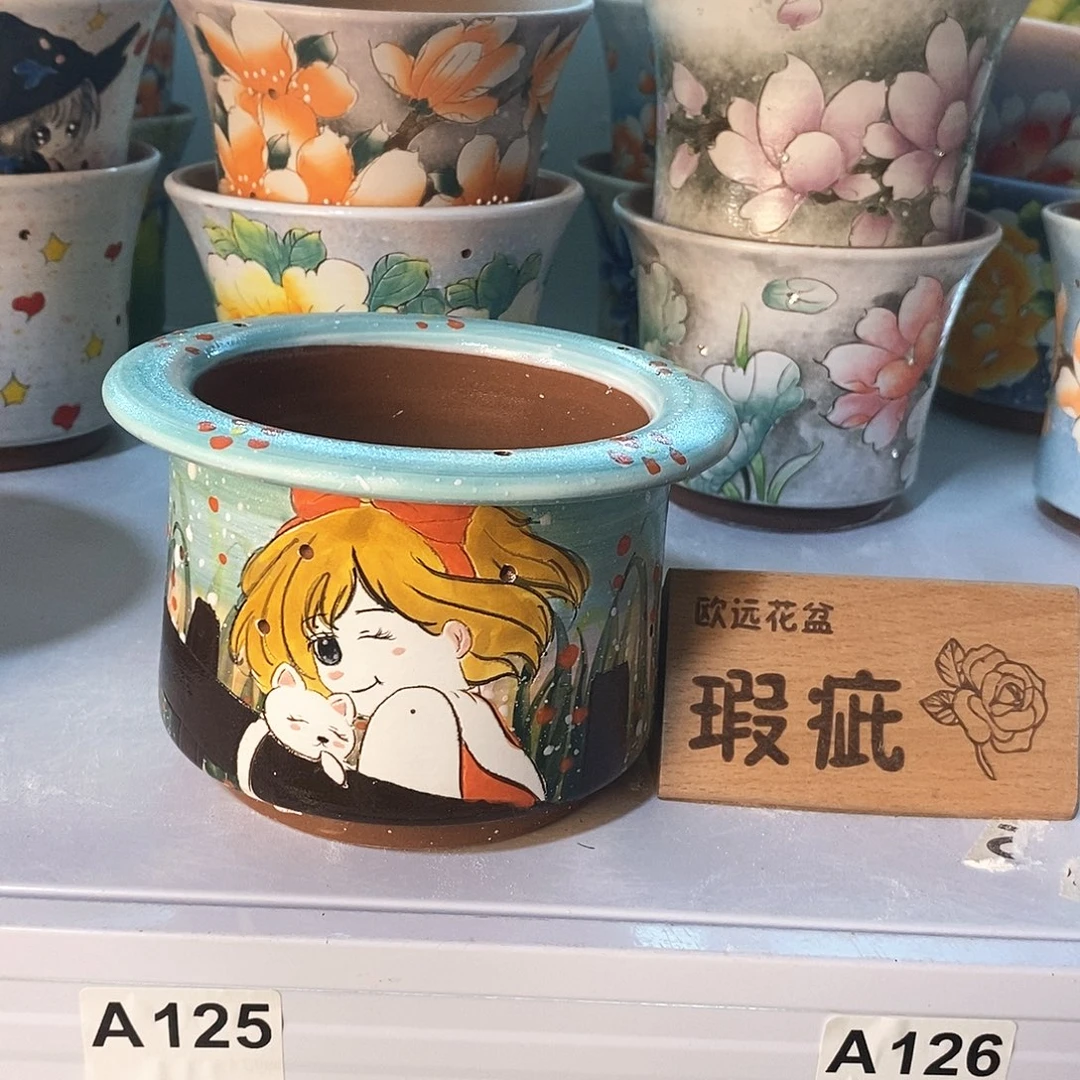 紫砂花盆红陶手绘花盆