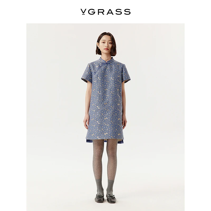【晨粉专享】VGRASS定纺提花短袖立领连衣裙25春新款VSL2Q1534D