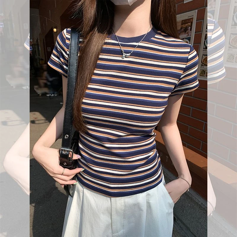 小婉薇 美式复古条纹撞色短袖T恤女夏季设计感减龄修身显瘦上衣