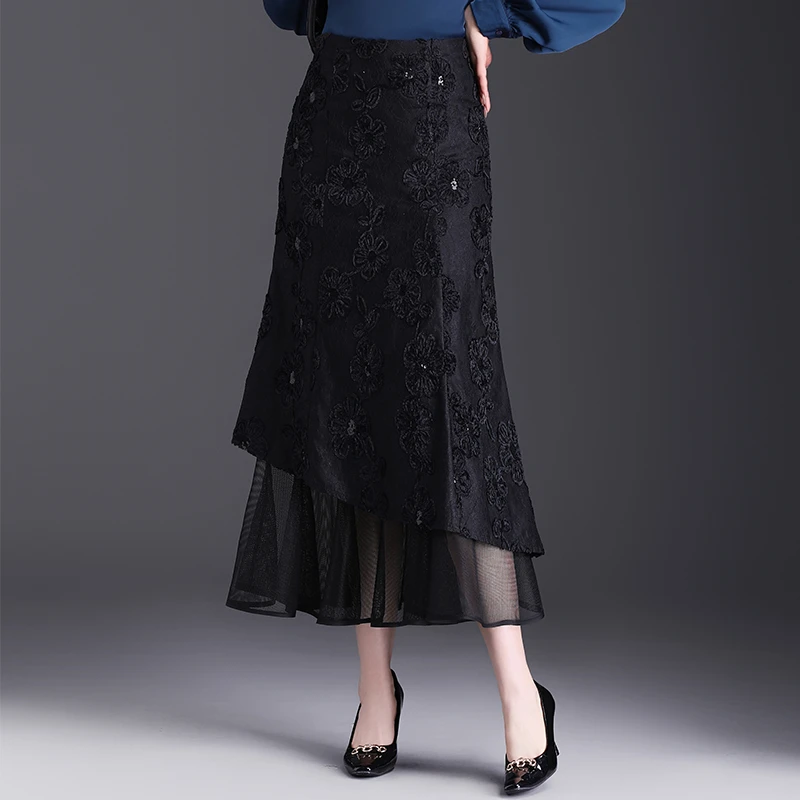 复合植绒刺绣网纱边鱼尾长裙半身裙女2025秋冬高腰显瘦包臀一步裙