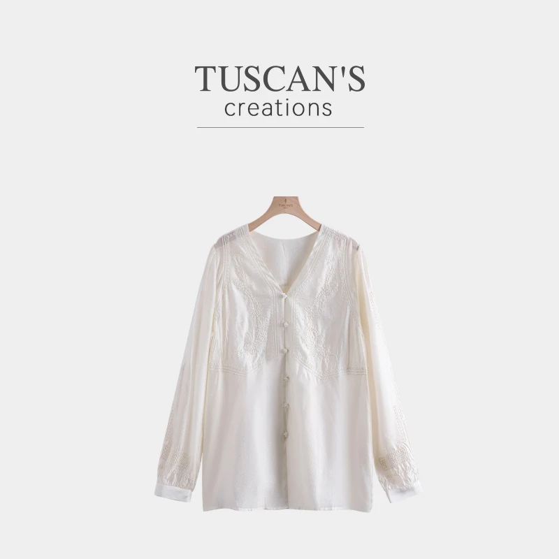 TUSCAN'S CREATIONS春季蕾丝气质轻奢长袖百搭女士刺绣国风衬衫