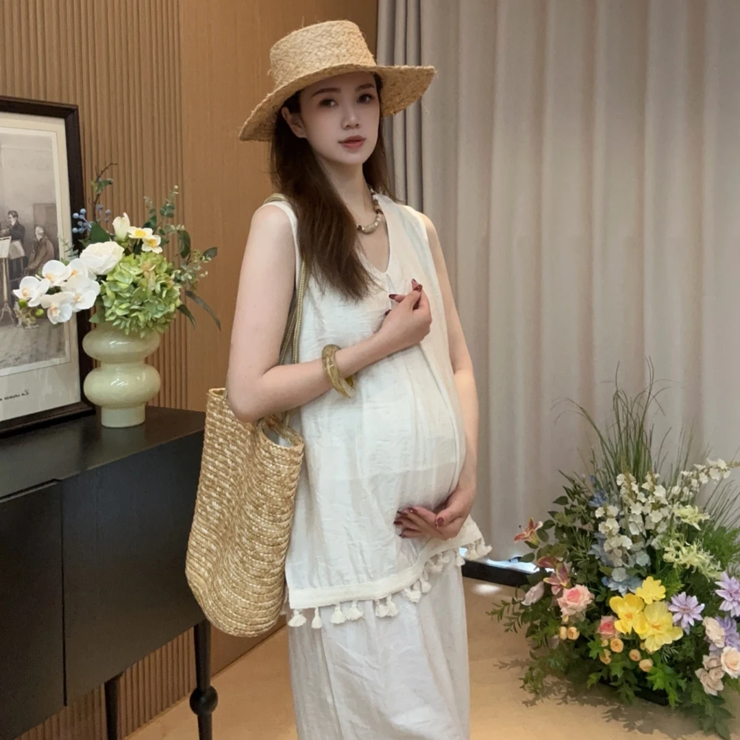 Zoey孕妇装［时髦老钱］夏季轻薄原麻色宽松老钱风孕妇可调节套装