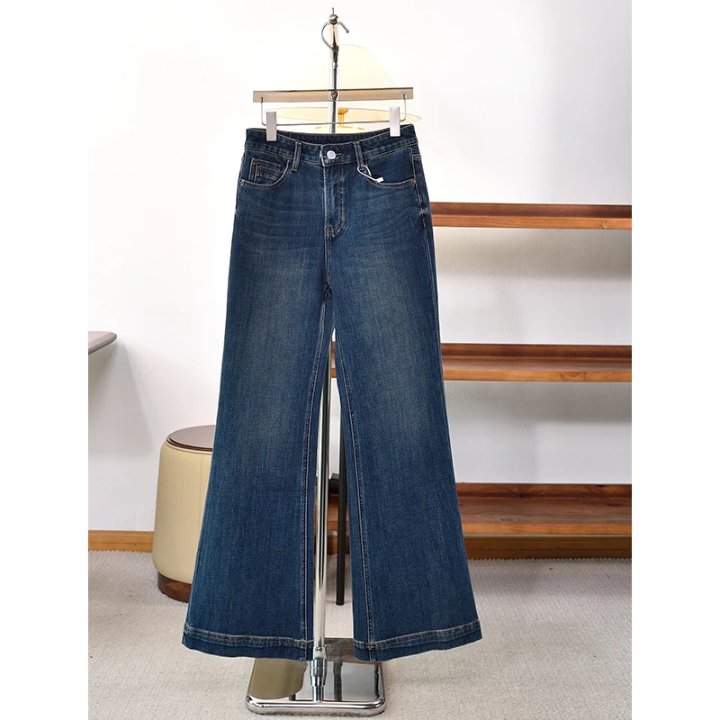 秋季新品 女款蓝色高腰微喇牛仔裤长裤