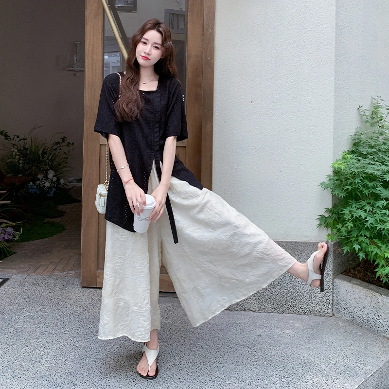 法式复古设计感套装裤女2025夏季新款不规则开叉上衣阔腿裤两件套