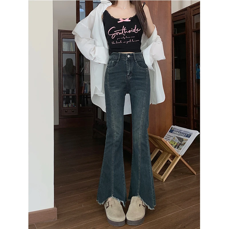 复古蓝毛边开叉微喇牛仔裤女2025春季弹力大码胖mm显瘦梨形身材裤
