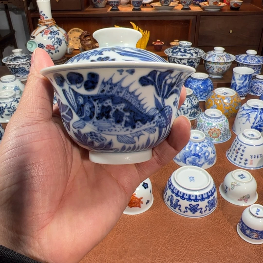 青花鱼藻纹盖碗120cc