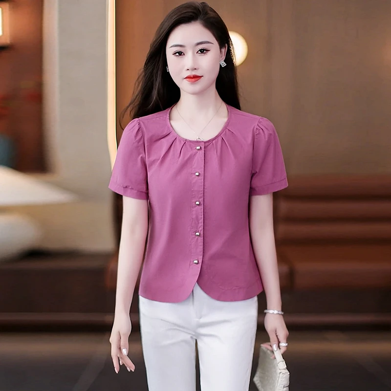时尚小香风圆领短袖衬衣女2025夏季新款洋气减龄小个子半袖衬衫