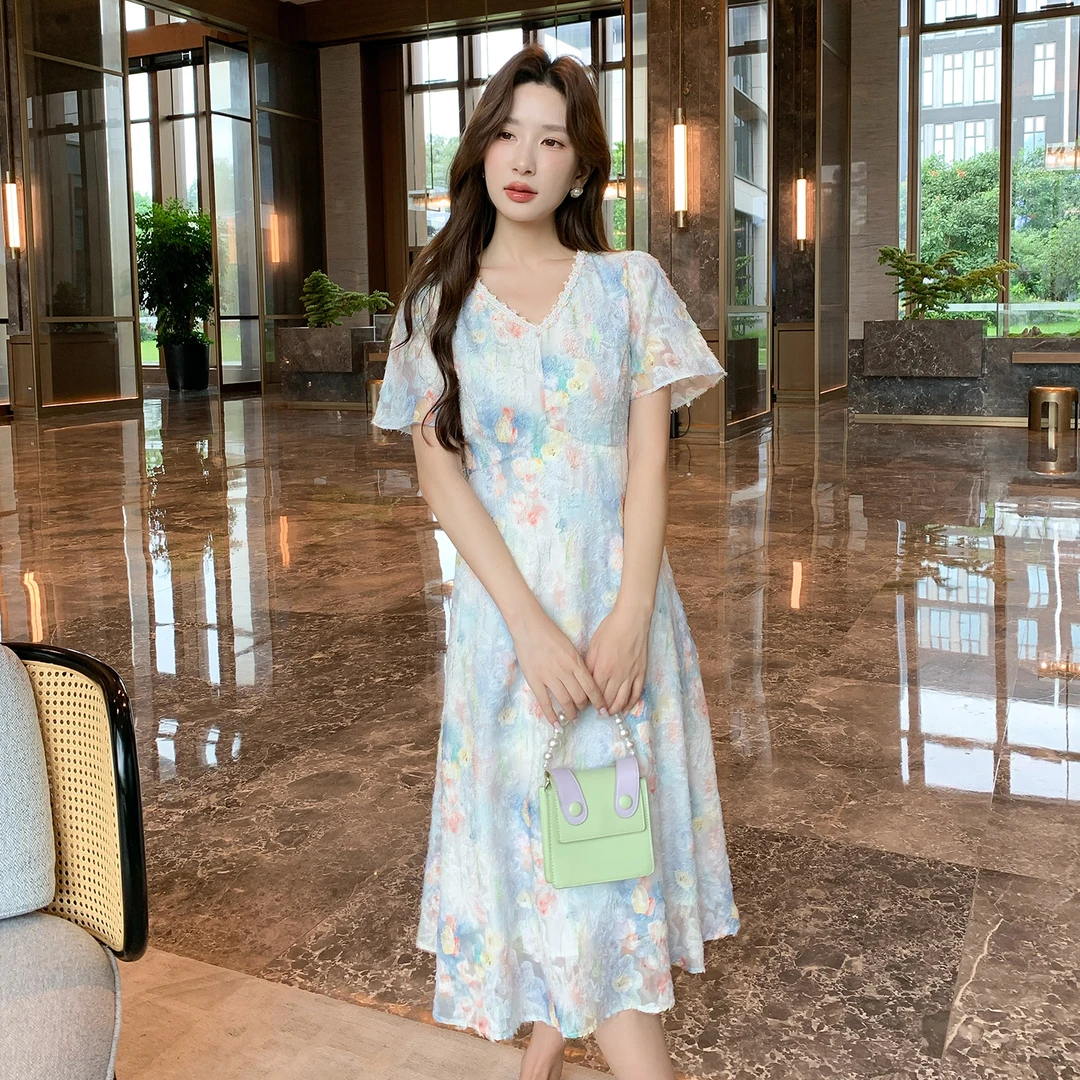 奢姿大码女装2025夏季时尚V领短袖连衣裙胖妹妹气质碎花连衣裙