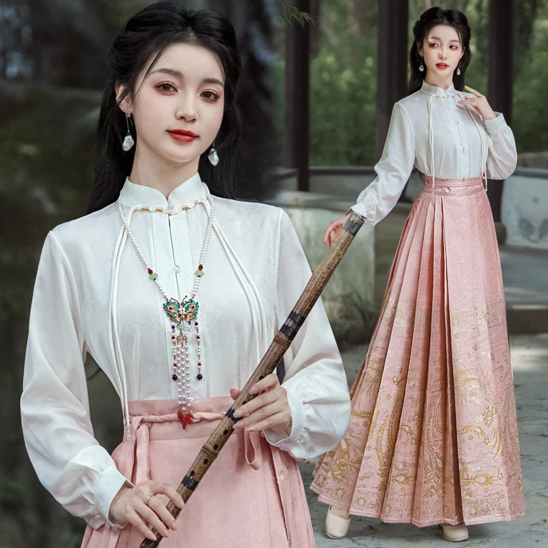 新中式国风女装衣服古风仙气衬衣上衣古装汉服缎面织金马面裙套装