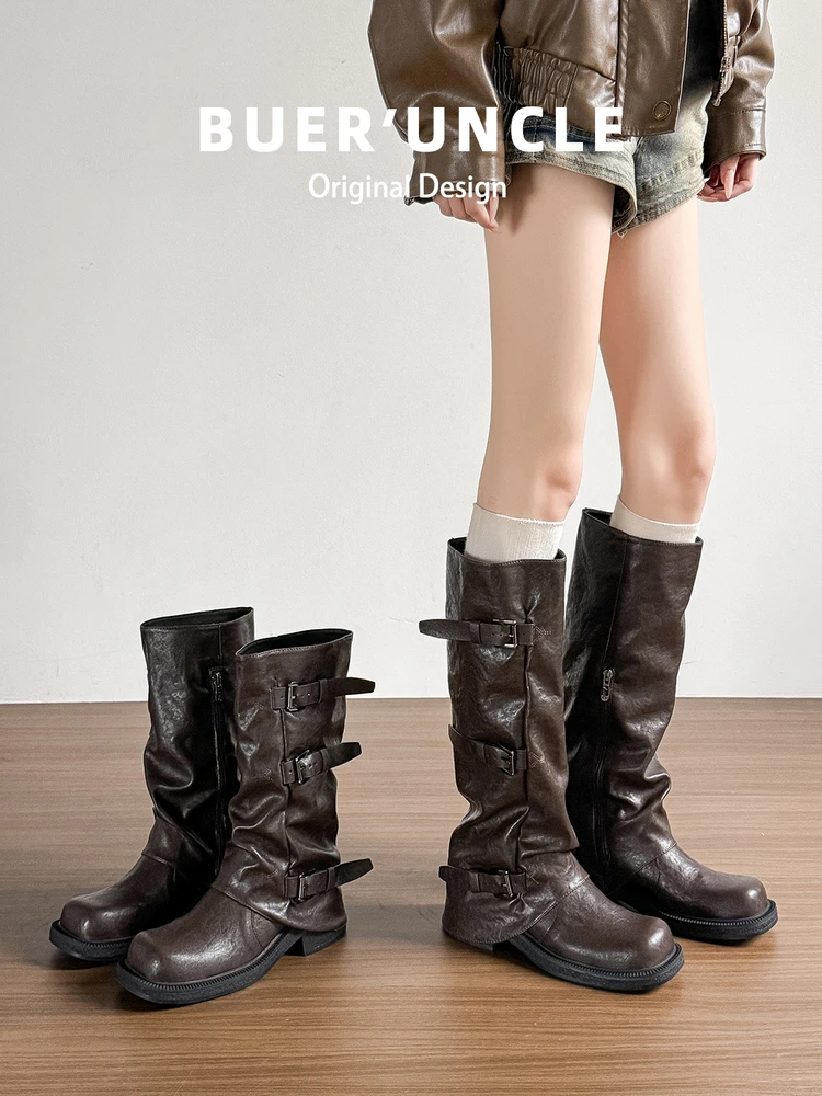 真皮版！美拉德中筒马丁靴女复古英伦内增高粗跟褶皱堆堆裤管短靴