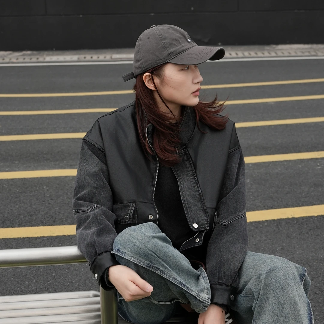 VB牛仔拼接棉服男秋冬机车纽扣圆领法式做旧皮衣短款时尚黑色