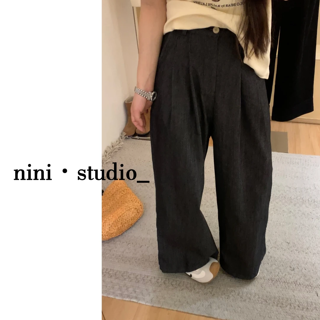 nini·春夏款简约韩系牛仔阔腿裤（后松紧腰）