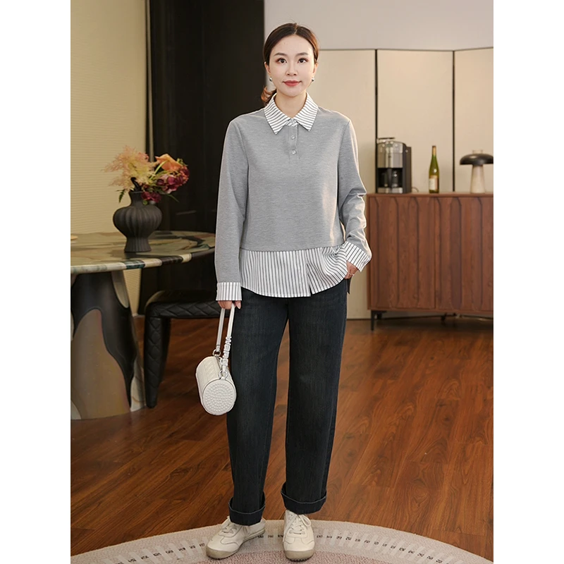 【猫猫】时髦原色 条纹拼接polo领休闲卫衣女早秋设计感上衣MC5976