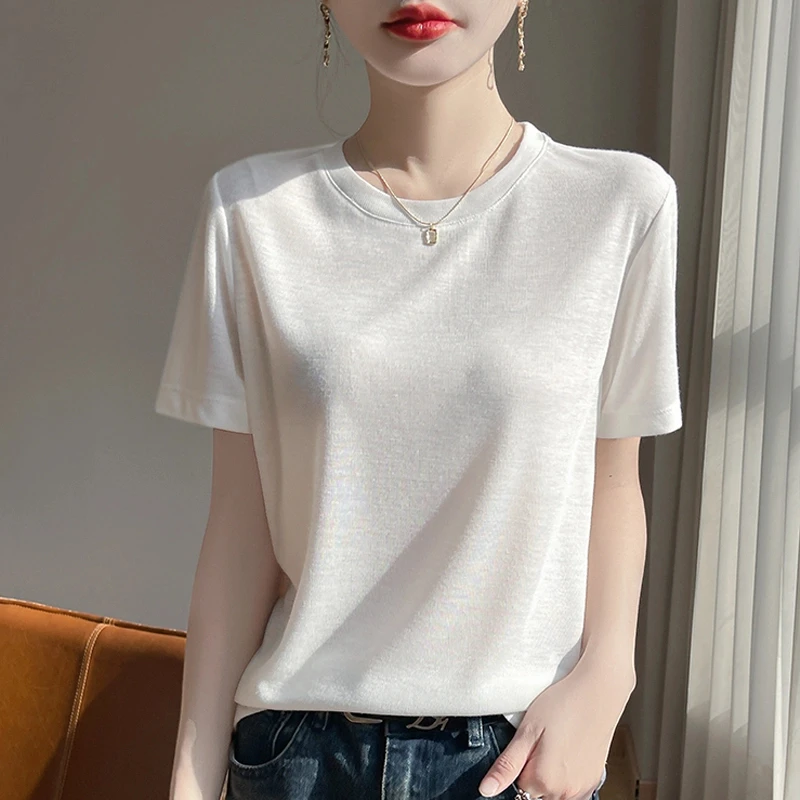 2025夏季超细纯色莱赛尔天丝T恤宽松气质圆领经典百搭短袖上衣女
