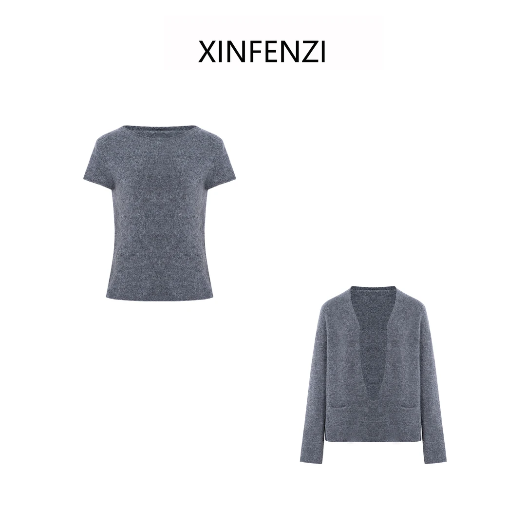 【慵懒】XINFENZI 羊驼毛羊毛大V领毛衣套装 A35875