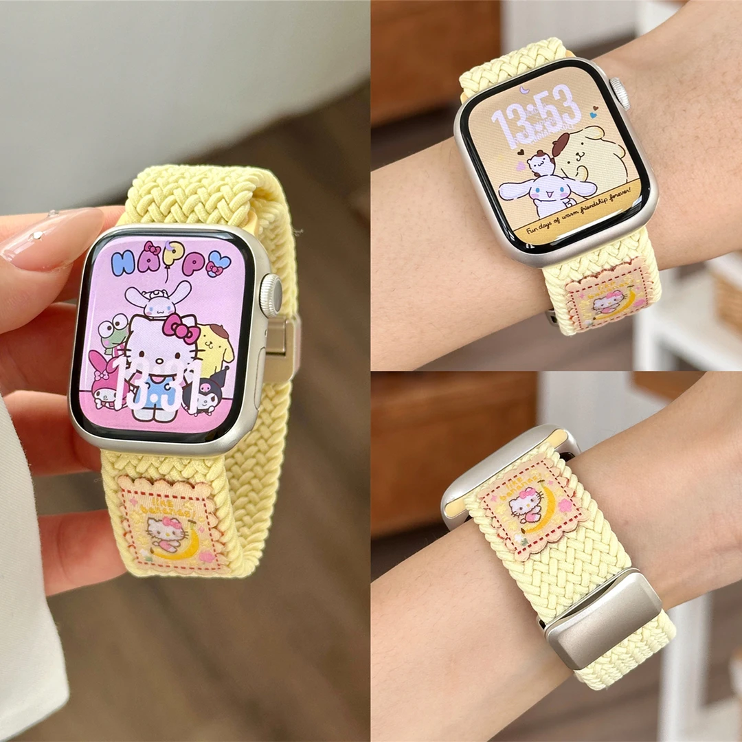 适用苹果手表iwatchS11三丽鸥卡通编织S10磁吸S8表带applewatchS9