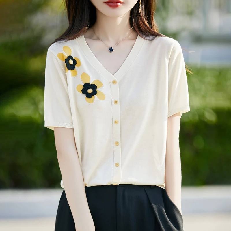 品牌女装正品新款韩系提花短袖针织衫女士时尚休闲洋气减龄上衣