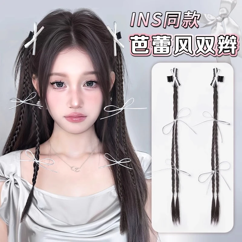 美宿假发辫子女抓夹马尾ins丝带蝴蝶抓夹款麻花长辫子发饰马尾