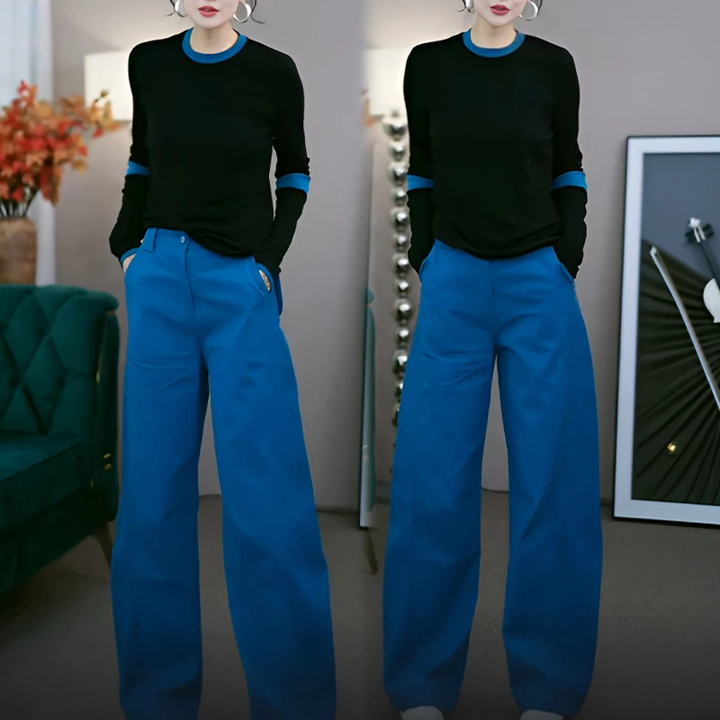 2025春秋新款韩系松弛感高级气质撞色拼接上衣女气质阔腿裤两件套