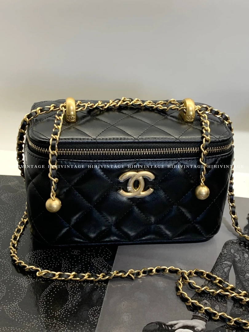 99新 Chanel/香奈儿 HIHI/24C黑金牛皮双金珠盒子包/12010466JL