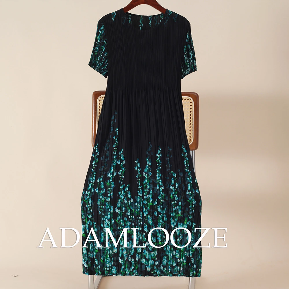 夏季圆领礼服宽松印花通勤长裙复古常规国风褶皱长款真丝连衣裙