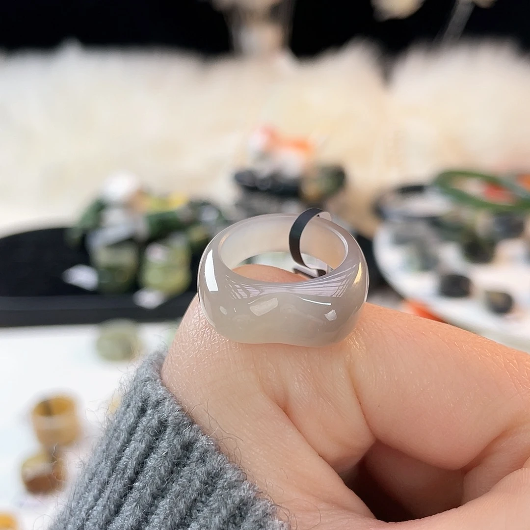 和田玉未镶嵌戒指k65 烟紫猫耳16.7mm