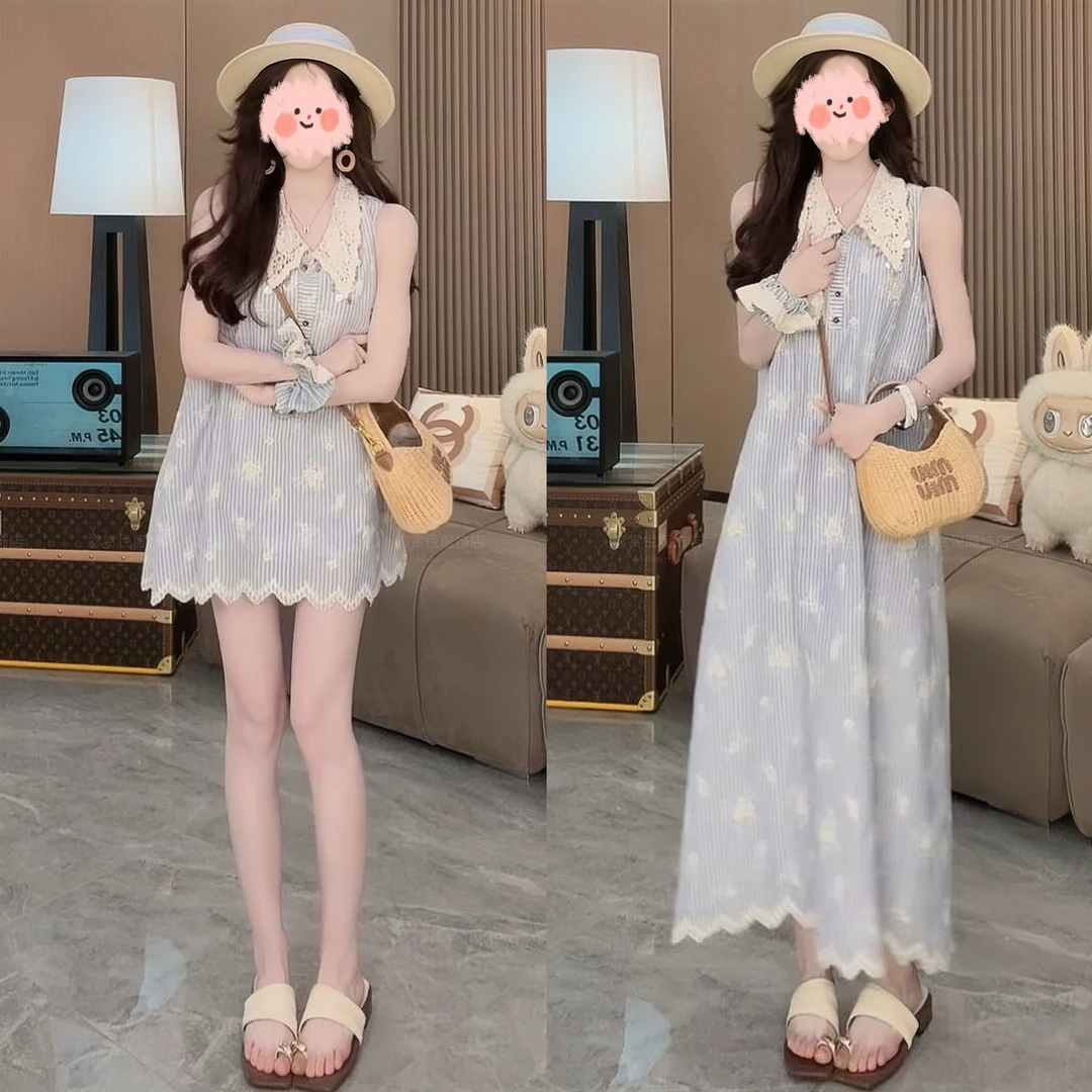 甜美可爱风格衣服2025夏季度假刺绣蕾丝花边领无袖条纹连衣裙显瘦