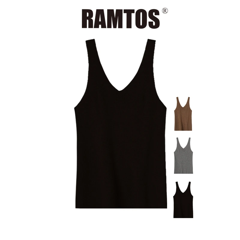 RAMTOS羊毛小吊带修身显瘦极简打底吊带V领背心针织