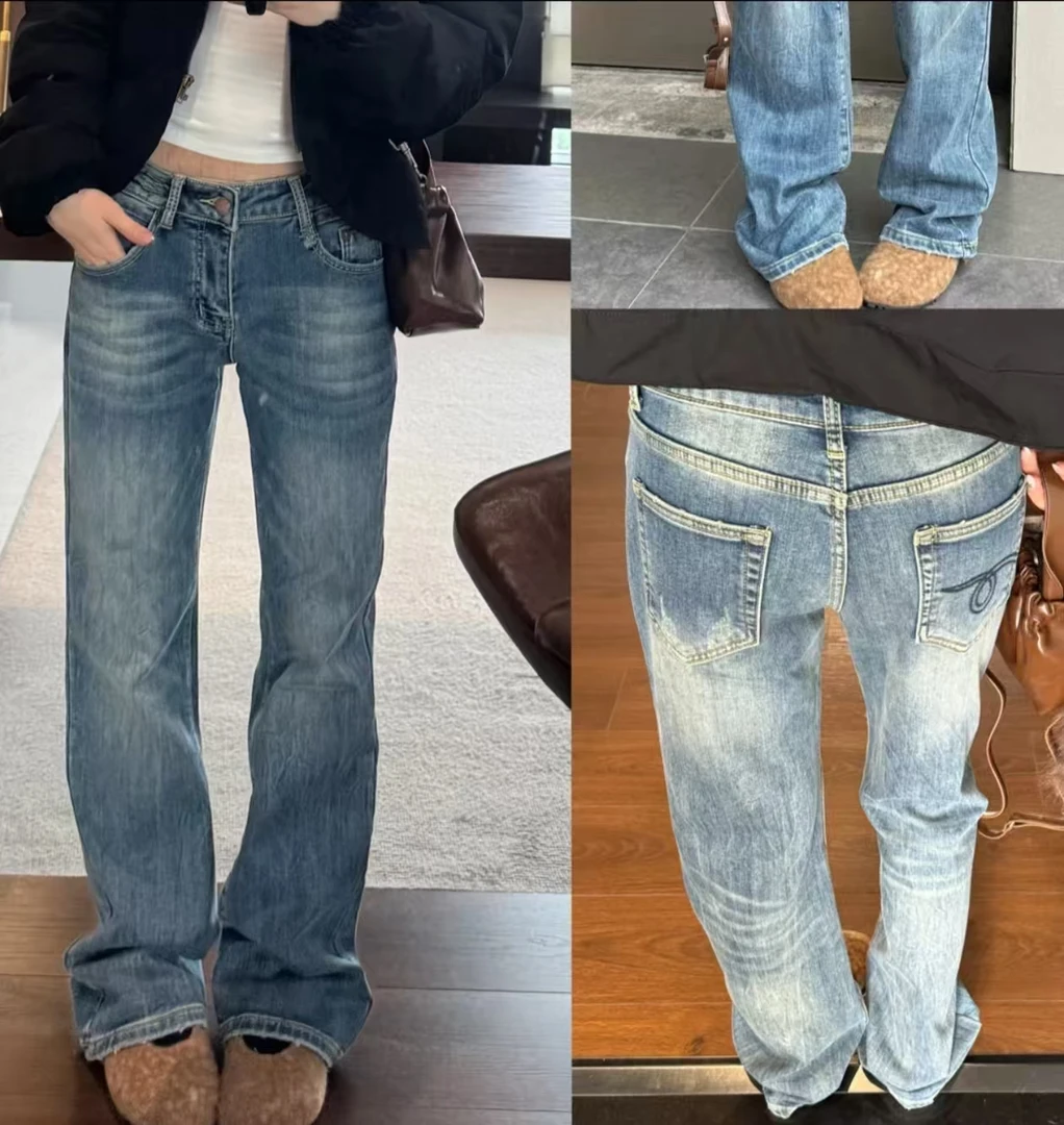 【月光集】复古水洗磨毛牛仔裤直筒显瘦低腰裤子6201-6