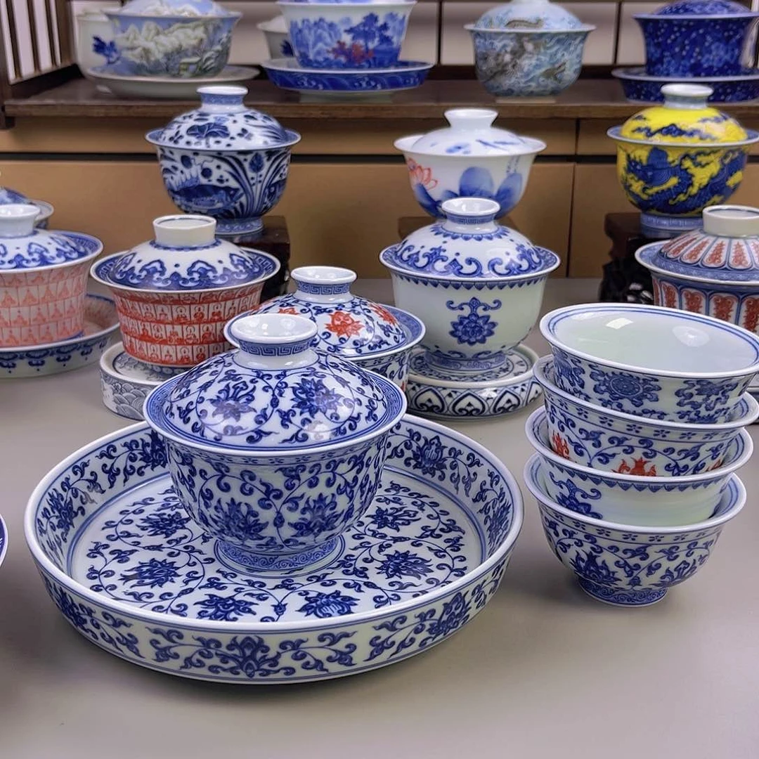 何青花盖碗壶承四个小压手