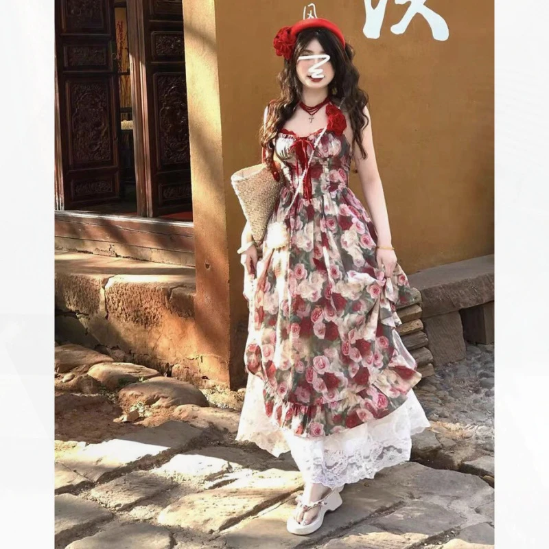 2025春秋纯欲风无袖玫瑰花裙子小个子法式初恋甜美碎花吊带连衣裙