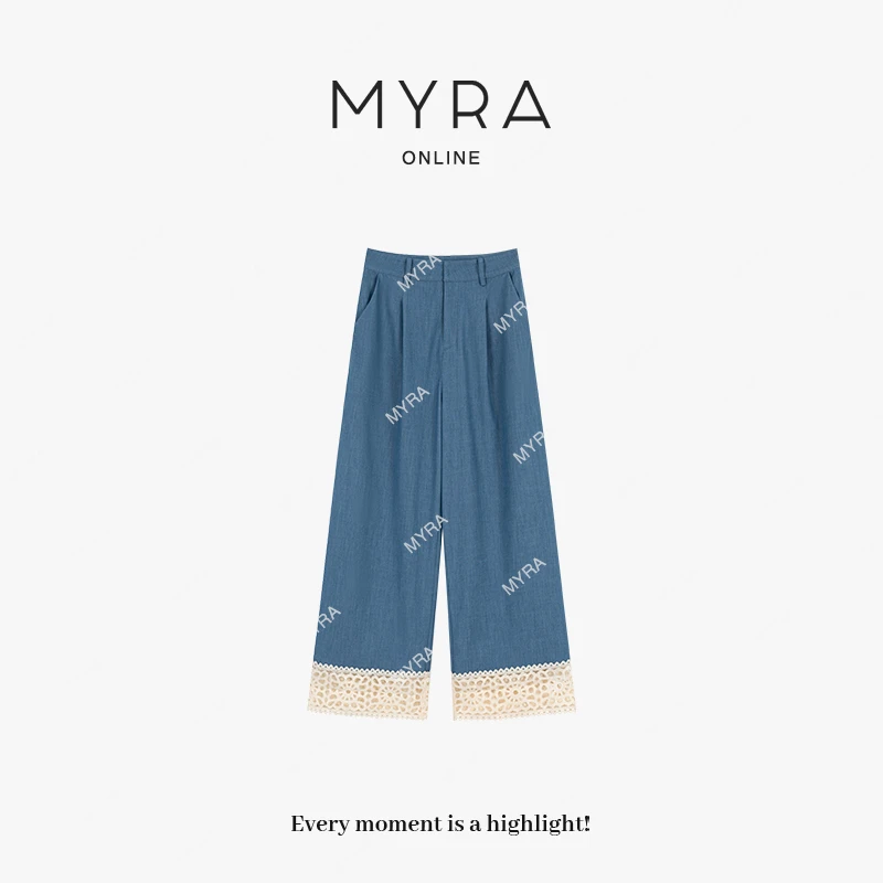 MYRA“梧桐”蕾丝花边拼接直筒九分裤XM025121
