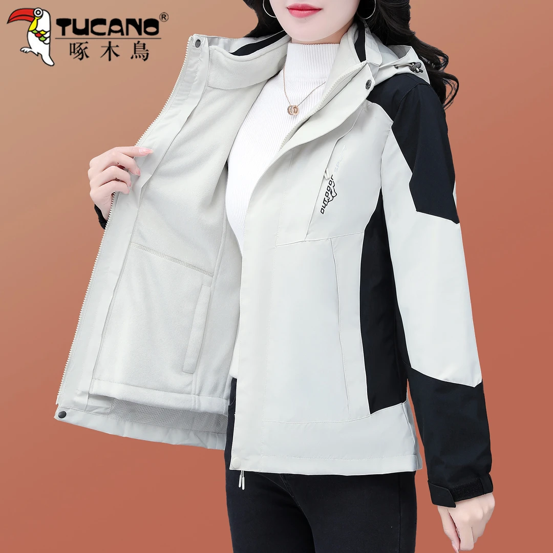 啄木鸟三合一冲锋衣外套女2025新款春秋防风防水加厚户外登山夹克