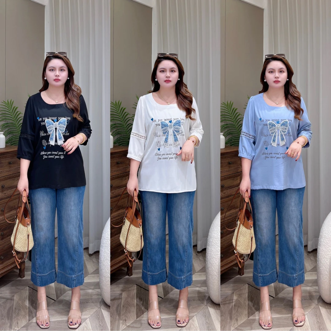 【上新现货上衣】PDM22395夏季新款韩版印花宽松蝴蝶结大码女装T恤