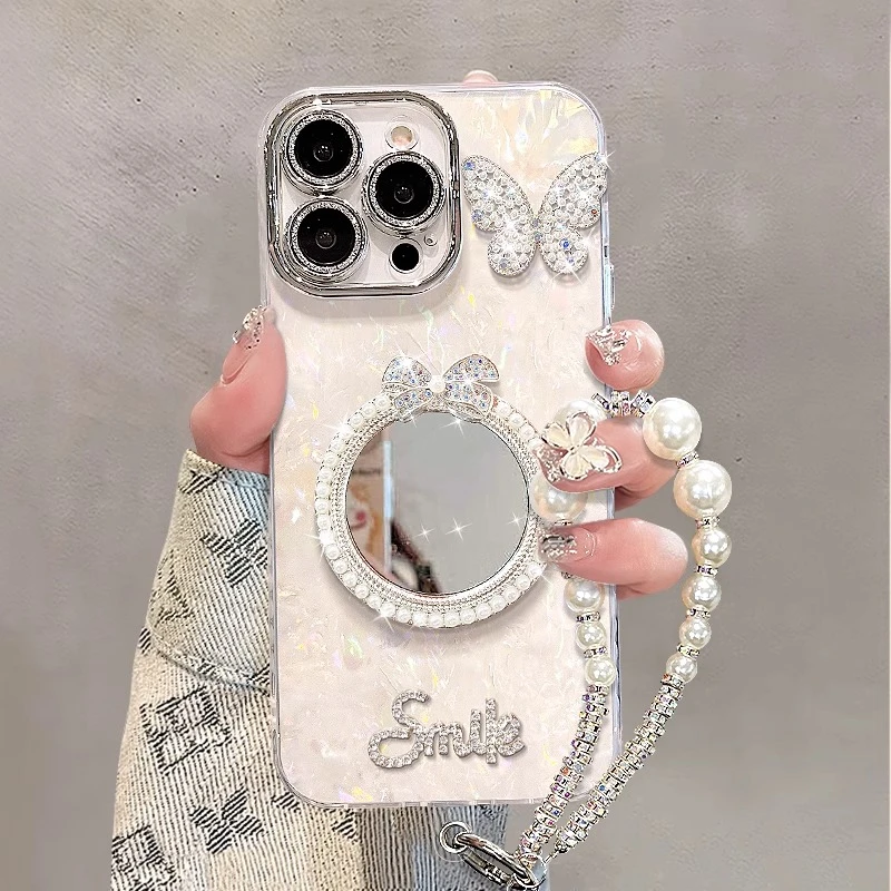 适用适用苹果16promax壳珍珠镜子彩绘iphone15pro手链14pm新女款1