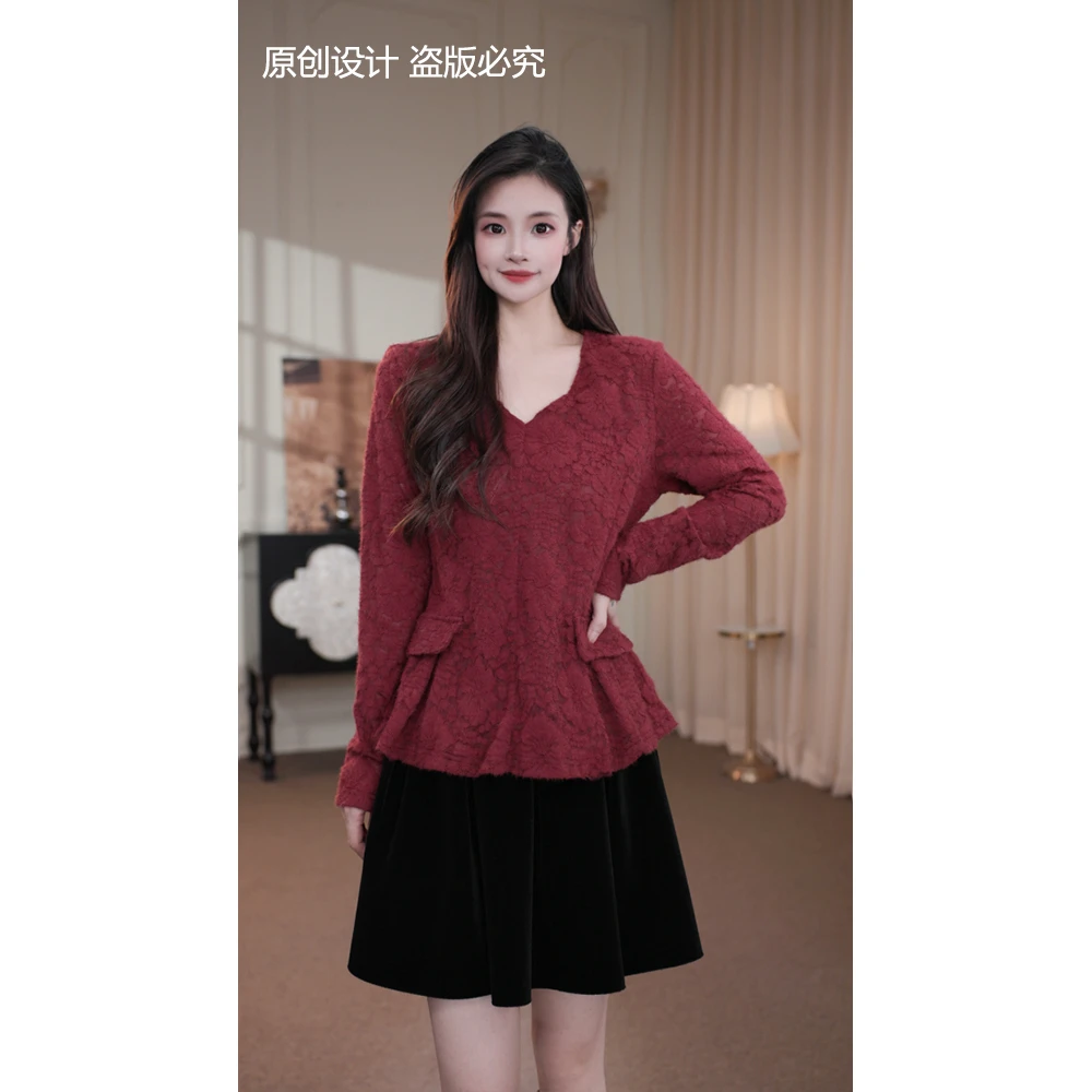 旷宁宁·气质女主·秋冬装花朵长袖修身设计感小衫上衣女装-