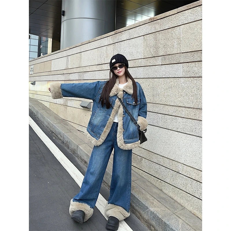 秋冬季设计感小众宽松高级感小香风牛仔外套阔腿直筒长裤两件套装